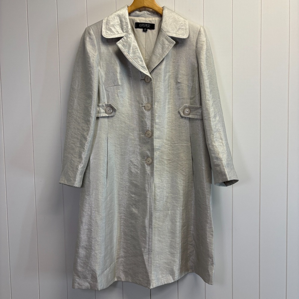 Kasper Formal Shimmery Trench Coat Women Size 12P Quiet Luxury Party Mob Wife